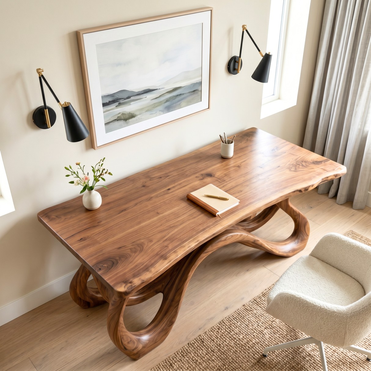 Organic Solid Wood Desk with Flowing Loop Sculptural Base