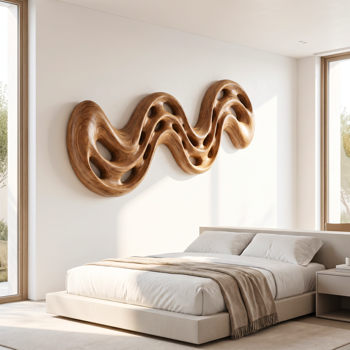 Serpentine Flow Wood Wall Sculpture with Organic Cutouts