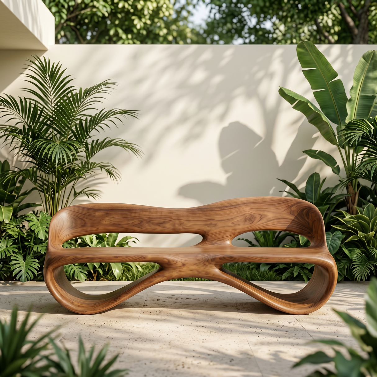 Solid Wood Outdoor Bench with Continuous Loop Backrest for Garden Seating