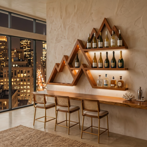 Handcrafted Solid Wood Mountain Wall Bar Shelf with Tiered Wine Bottle Display