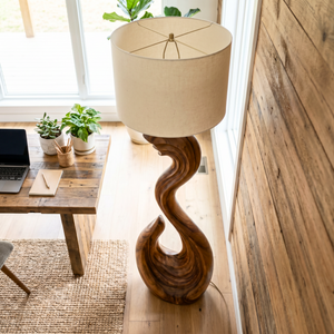Sculptural Wood Floor Lamp with Wave-Inspired Carved Base