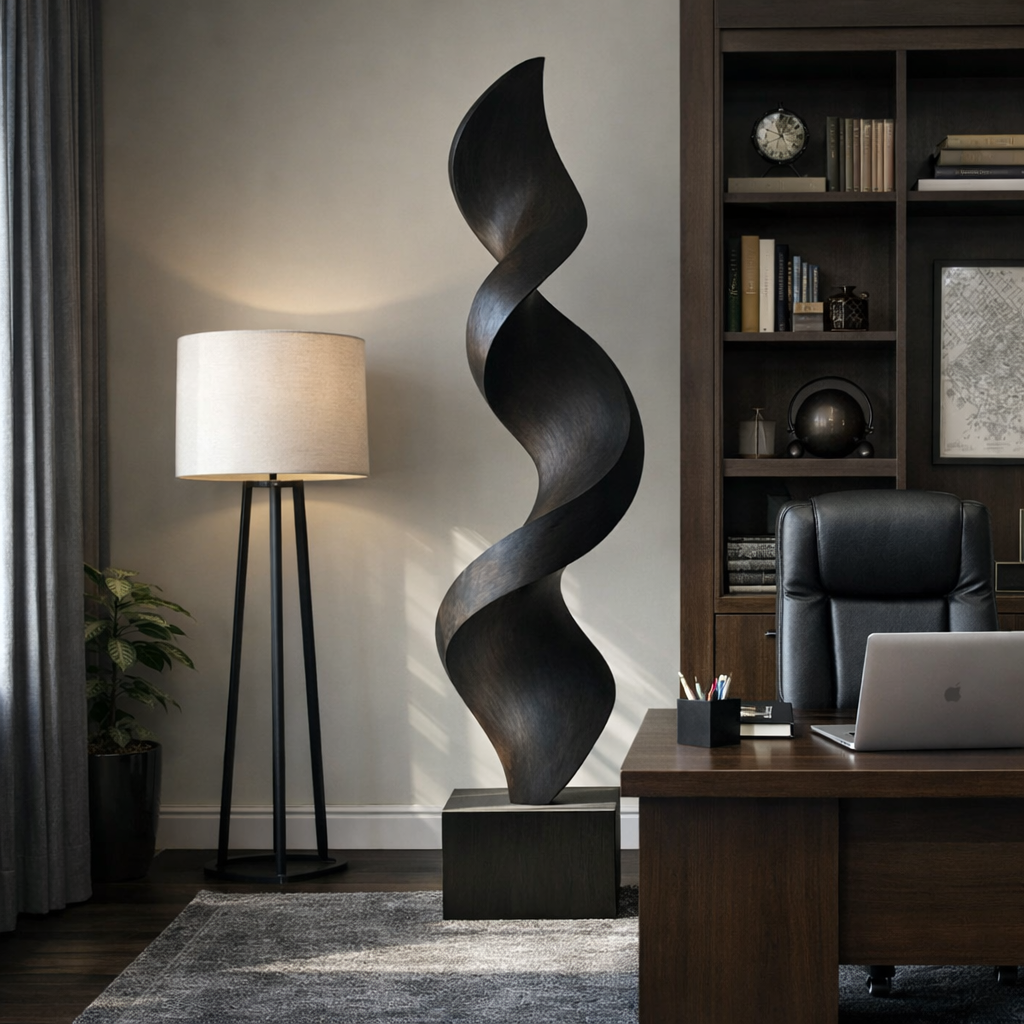 Tall Spiral Solid Wood Floor Sculpture with Plinth for Modern Living Rooms and Contemporary Interiors