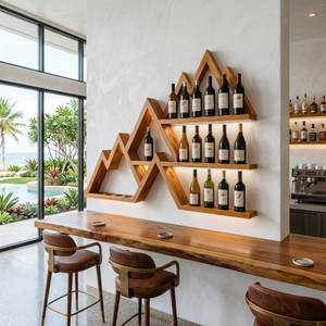 Handcrafted Solid Wood Mountain Wall Bar Shelf with Tiered Wine Bottle Display