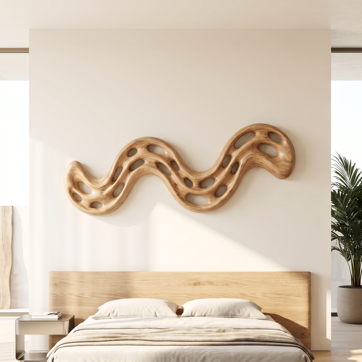 Serpentine Flow Wood Wall Sculpture with Organic Cutouts