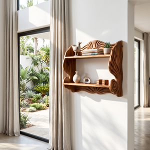 Seashell Scroll Wood Wall Shelf with Two Display Tiers