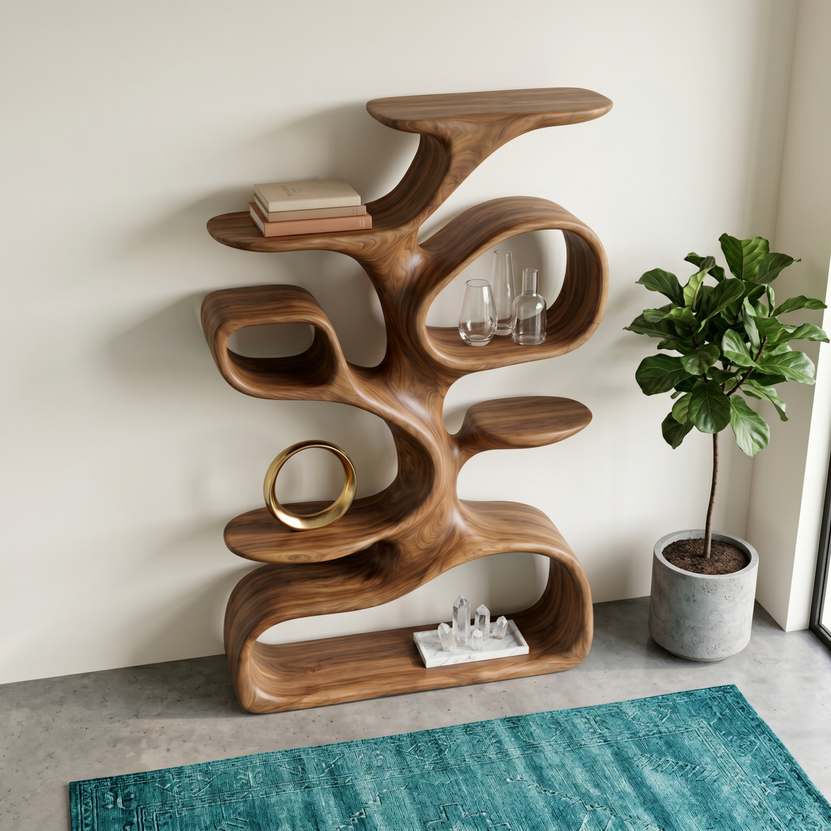 Organic Solid Wood Display Shelf with Branch-Inspired Open Shelves