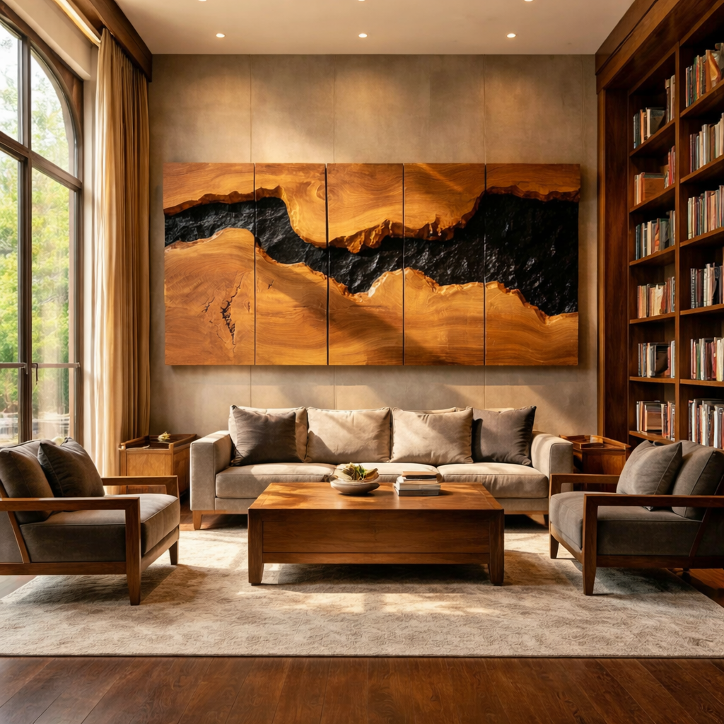 Large Solid Wood River Horizon Panel Wall Sculpture for Modern Living Rooms
