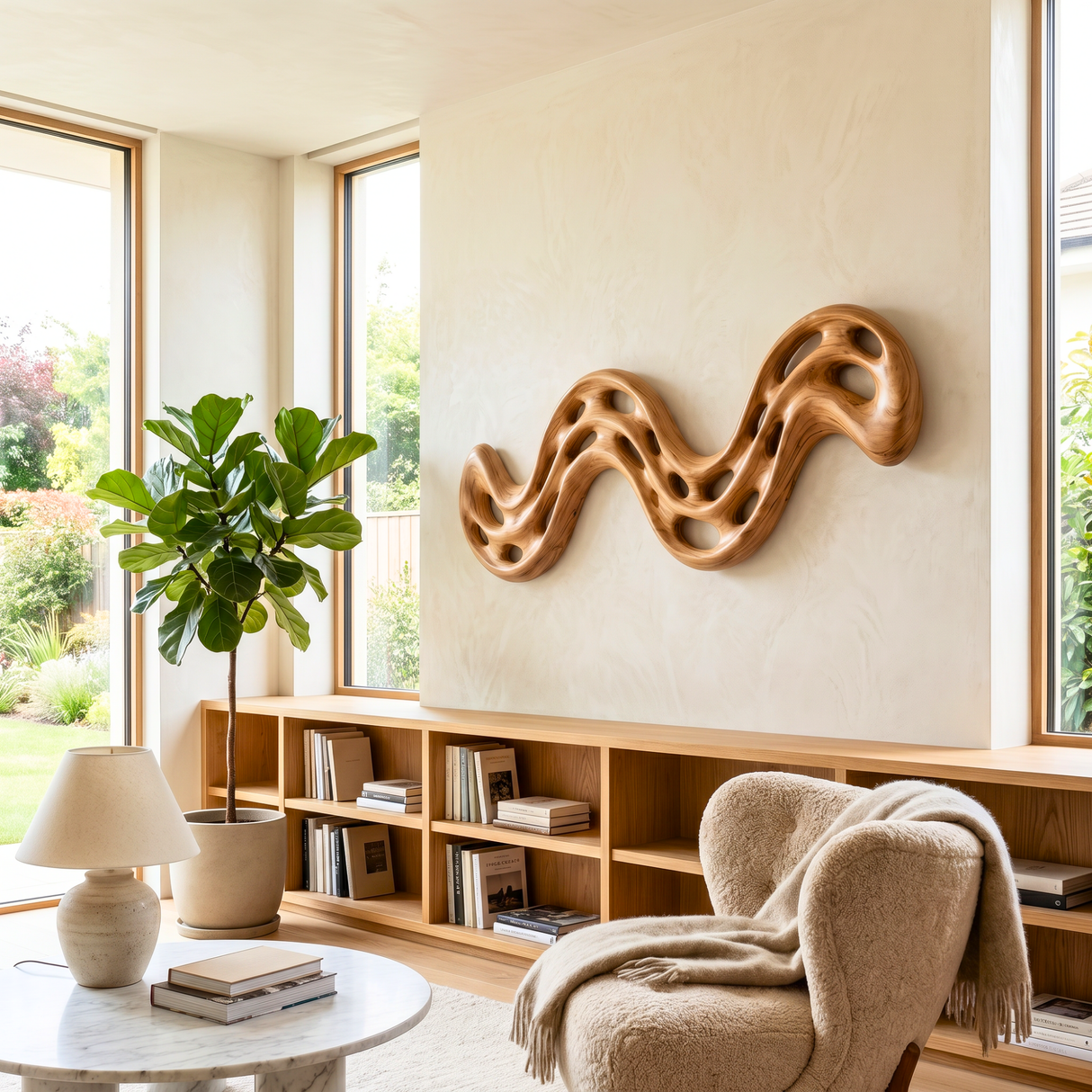 Serpentine Flow Wood Wall Sculpture with Organic Cutouts