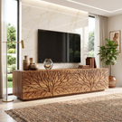 Solid Wood TV Console with Branch Carved Door Fronts