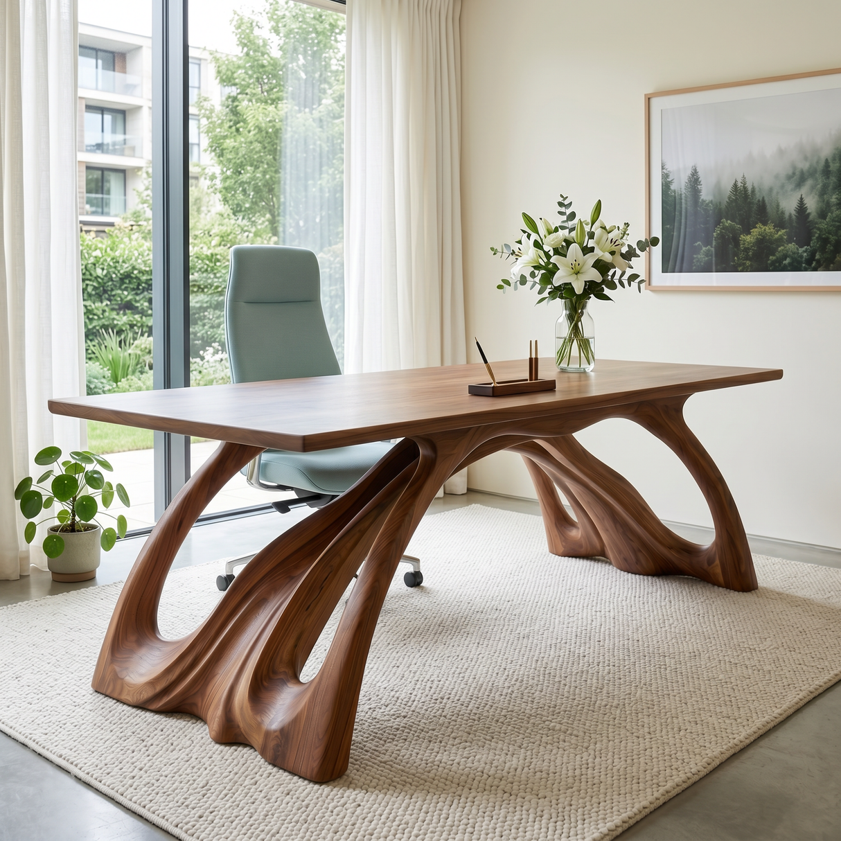 Organic Solid Wood Desk with Sculptural Flowing Legs