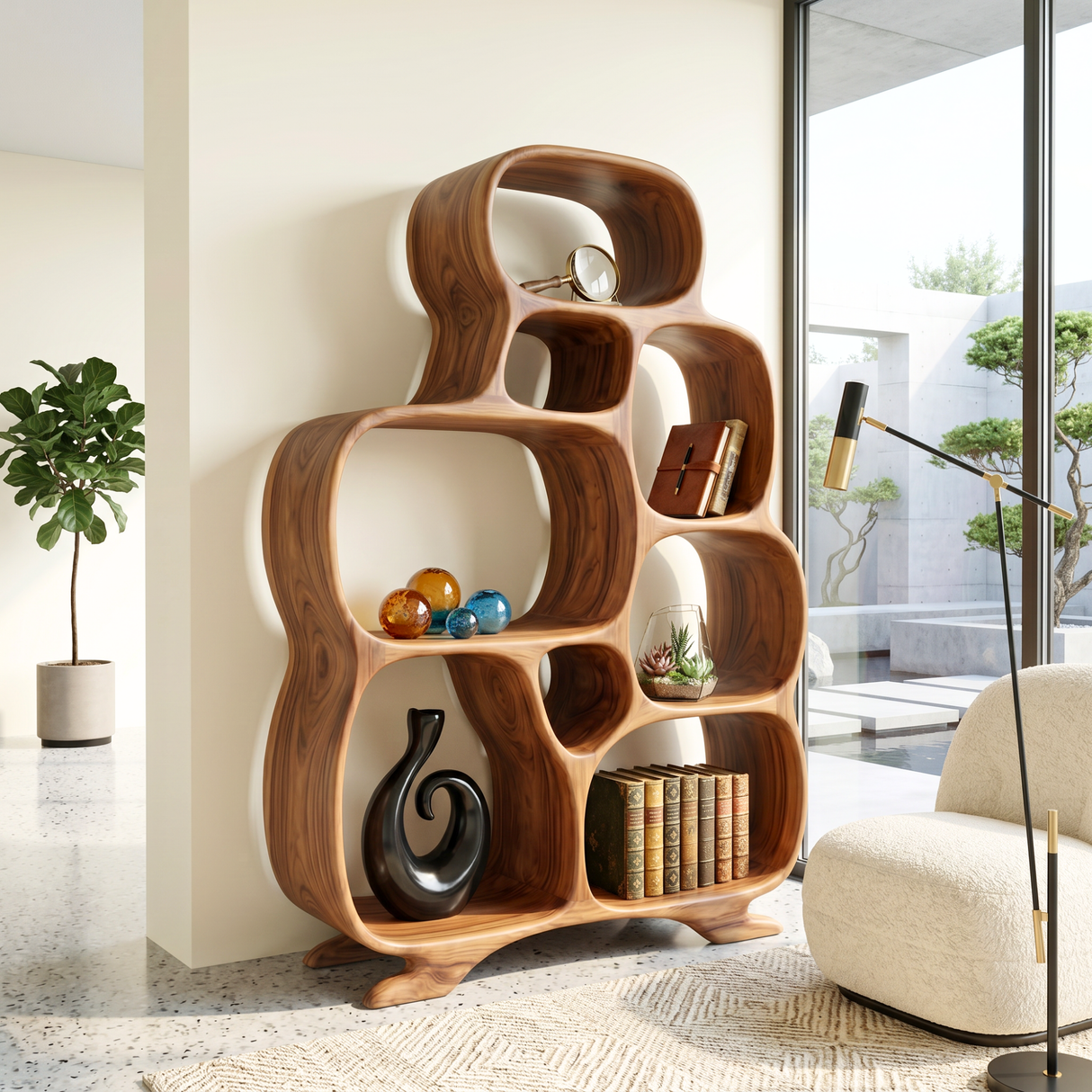 Organic Solid Wood Bookshelf with Rounded Open Compartments