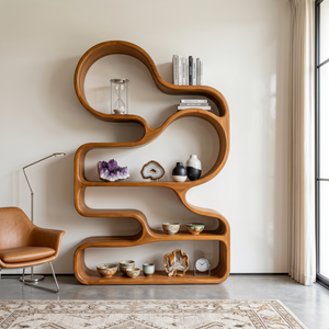 Organic Solid Wood Bookshelf with Cloud-Shaped Open Shelves