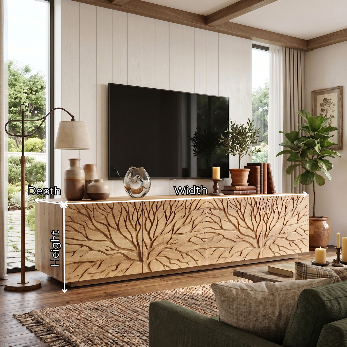 Solid Wood TV Console with Branch Carved Door Fronts