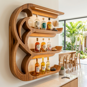 Handcrafted Solid Wood Crescent Wave Wall Bar Shelf with Curved Bottle Display Shelves
