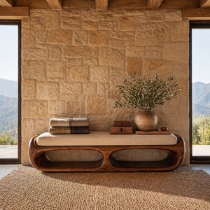 Organic Solid Wood Bench with Sculptural Open Base for Bedroom