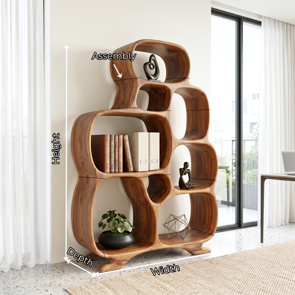 Organic Solid Wood Bookshelf with Rounded Open Compartments