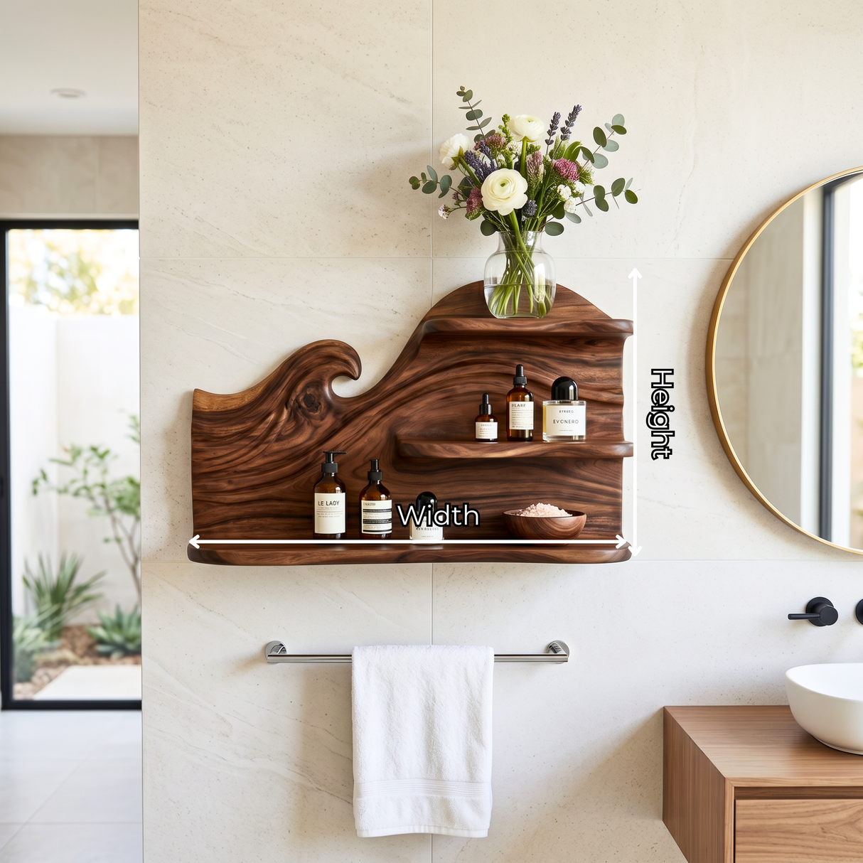 Sculpted Wave Wood Wall Shelf for Vanity and Accessory Storage