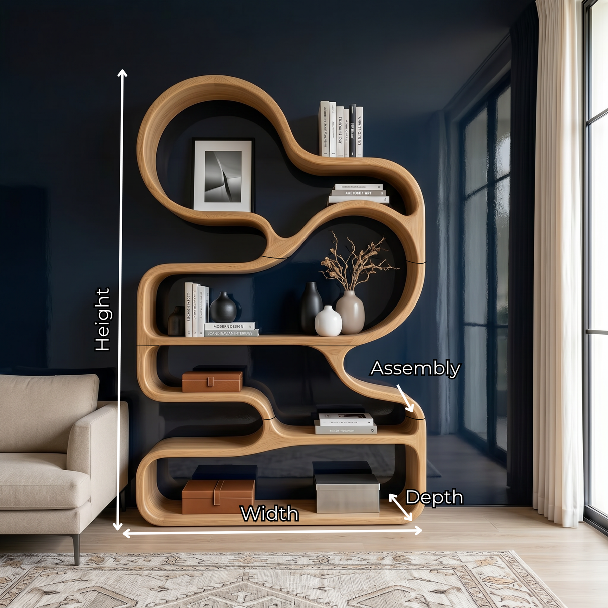 Organic Solid Wood Bookshelf with Cloud-Shaped Open Shelves