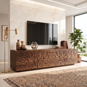 Solid Wood TV Console with Branch Carved Door Fronts