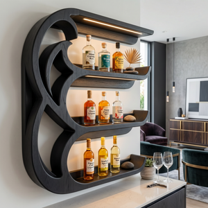 Handcrafted Solid Wood Crescent Wave Wall Bar Shelf with Curved Bottle Display Shelves
