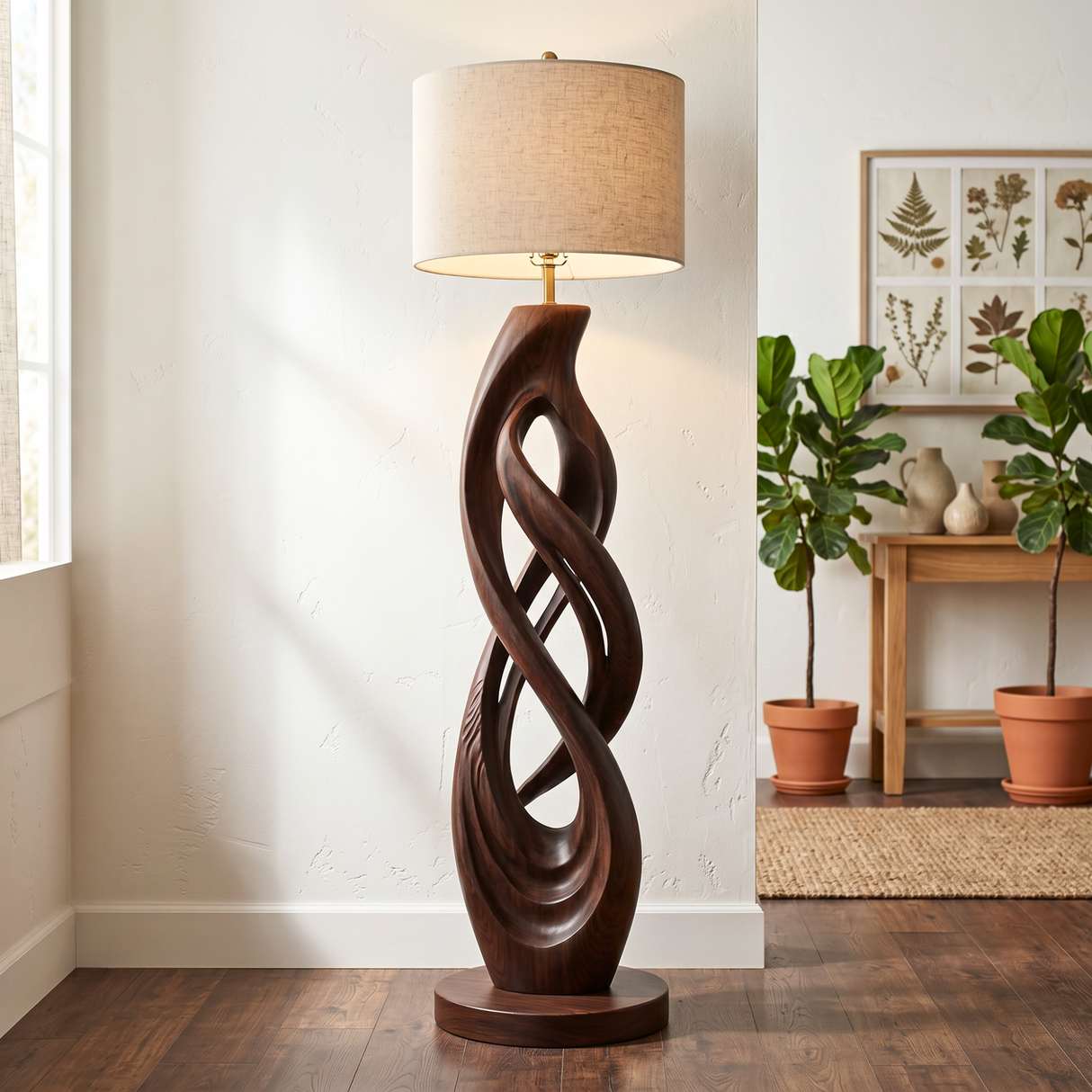 Handcrafted Wood Floor Lamp with Interlaced Ribbon Base