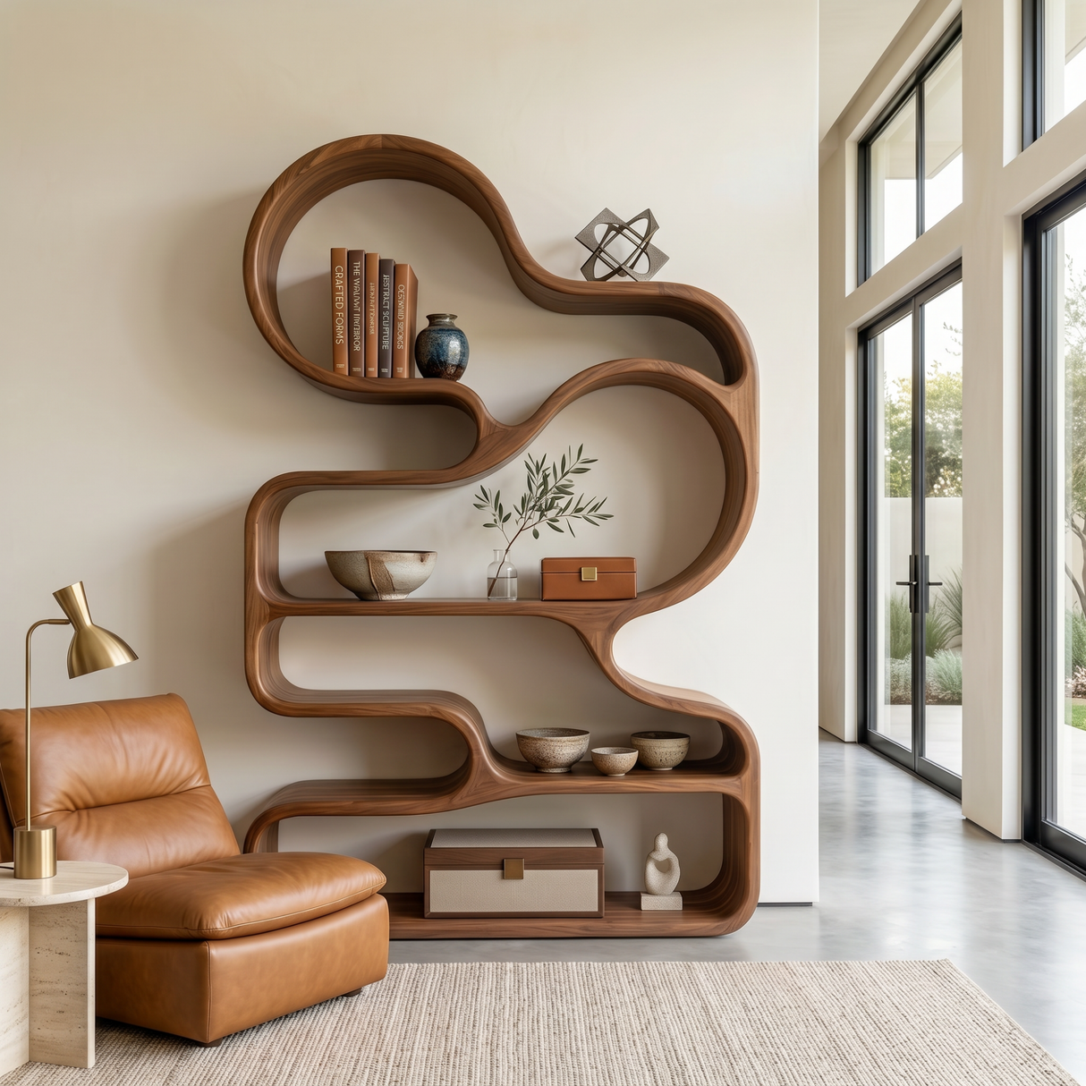 Organic Solid Wood Bookshelf with Cloud-Shaped Open Shelves