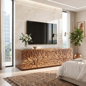 Solid Wood TV Console with Branch Carved Door Fronts