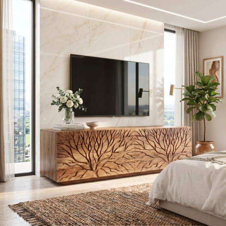Solid Wood TV Console with Branch Carved Door Fronts