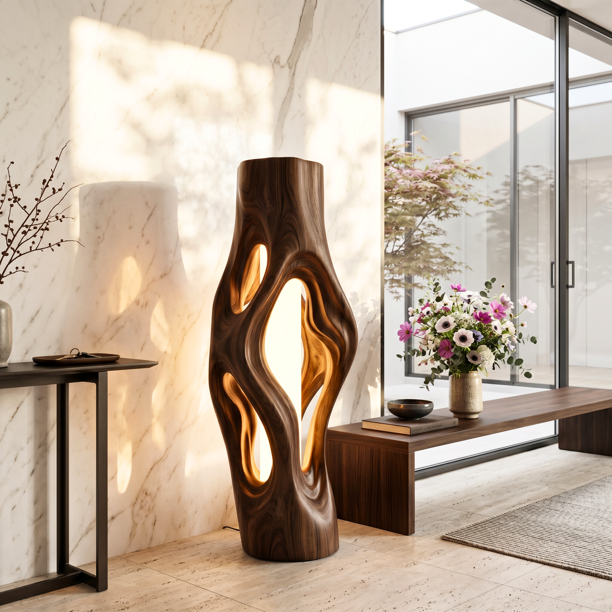 Organic Column Wood Table Lamp with Flowing Cutouts