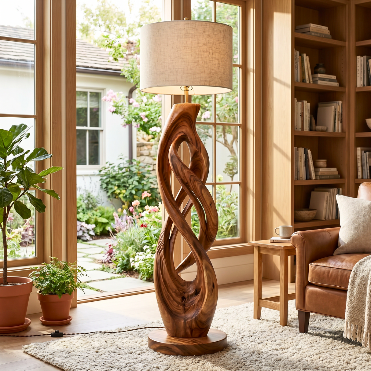 Handcrafted Wood Floor Lamp with Interlaced Ribbon Base