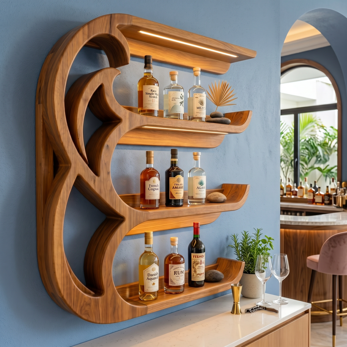 Handcrafted Solid Wood Crescent Wave Wall Bar Shelf with Curved Bottle Display Shelves