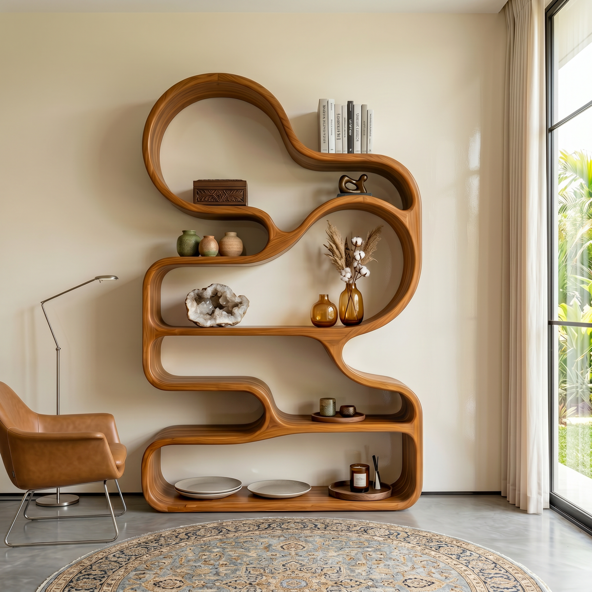 Organic Solid Wood Bookshelf with Cloud-Shaped Open Shelves