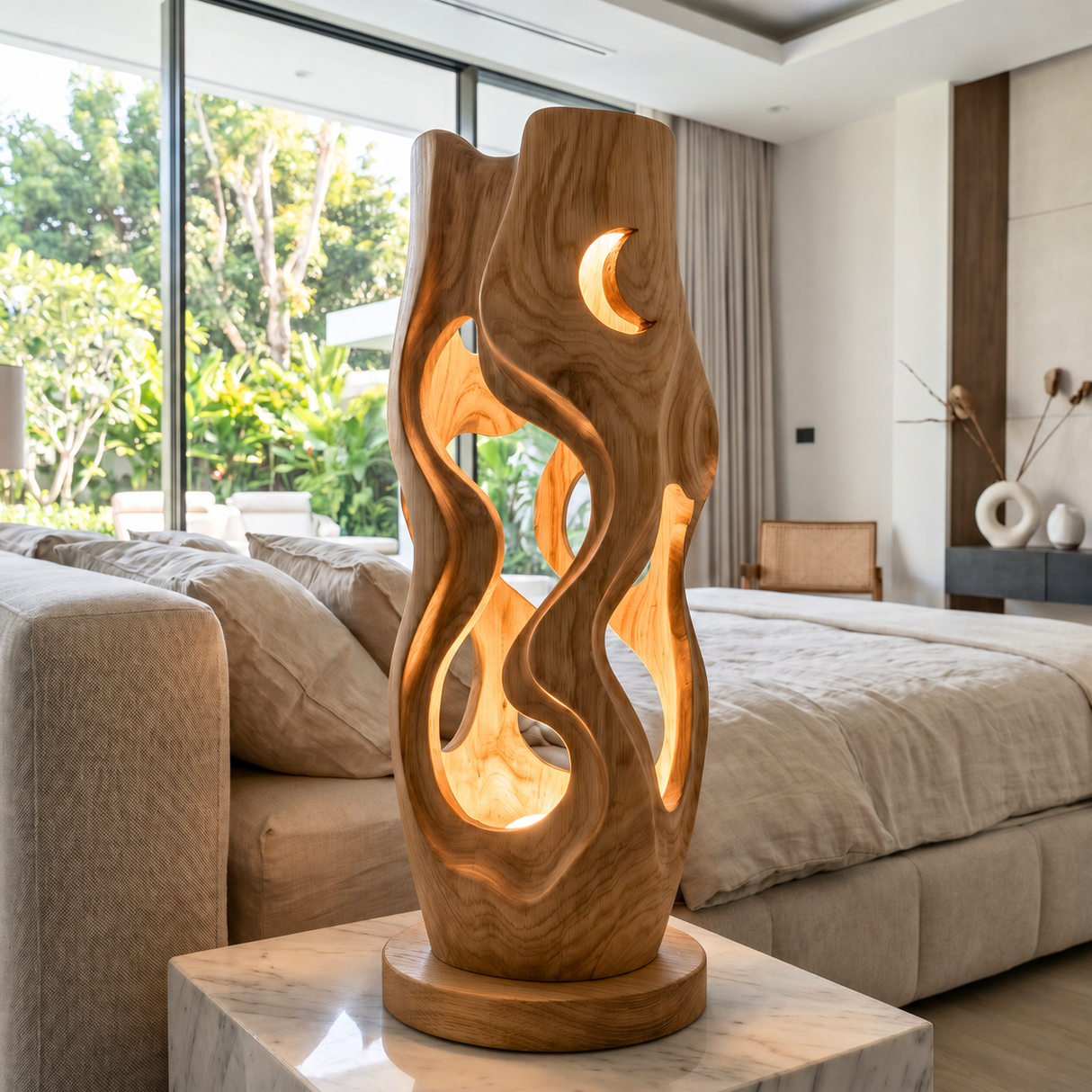 Sculptural Wood Table Lamp with Organic Cutouts