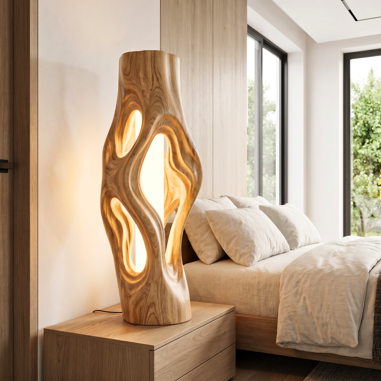Organic Column Wood Table Lamp with Flowing Cutouts