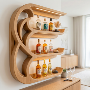 Handcrafted Solid Wood Crescent Wave Wall Bar Shelf with Curved Bottle Display Shelves