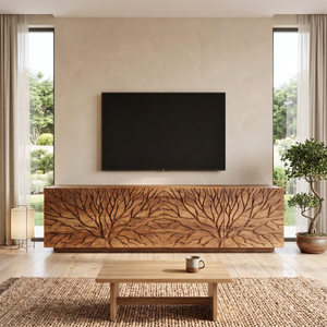 Solid Wood TV Console with Branch Carved Door Fronts