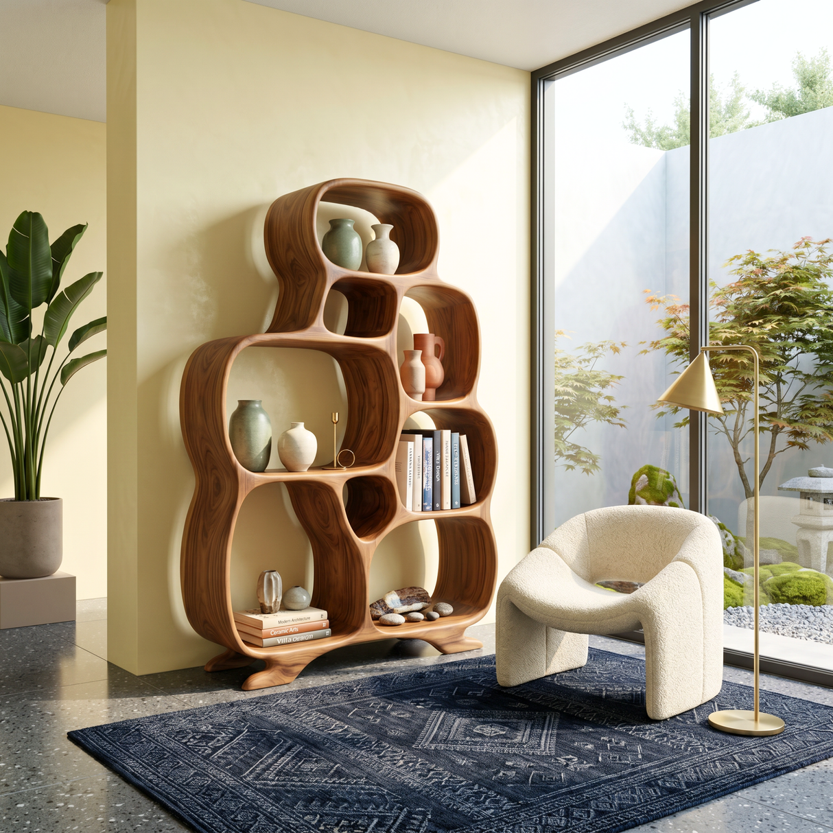 Organic Solid Wood Bookshelf with Rounded Open Compartments