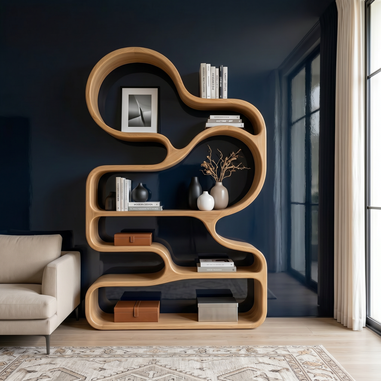 Organic Solid Wood Bookshelf with Cloud-Shaped Open Shelves