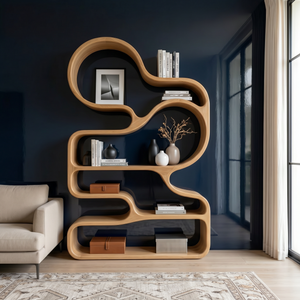 Organic Solid Wood Bookshelf with Cloud-Shaped Open Shelves