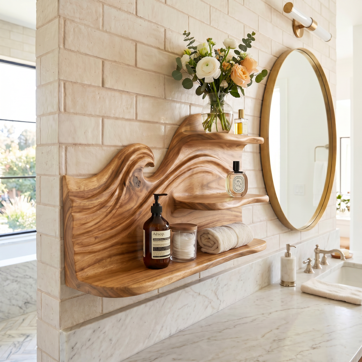 Sculpted Wave Wood Wall Shelf for Vanity and Accessory Storage
