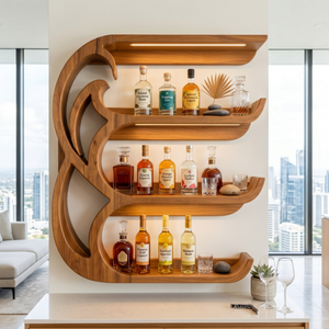 Handcrafted Solid Wood Crescent Wave Wall Bar Shelf with Curved Bottle Display Shelves