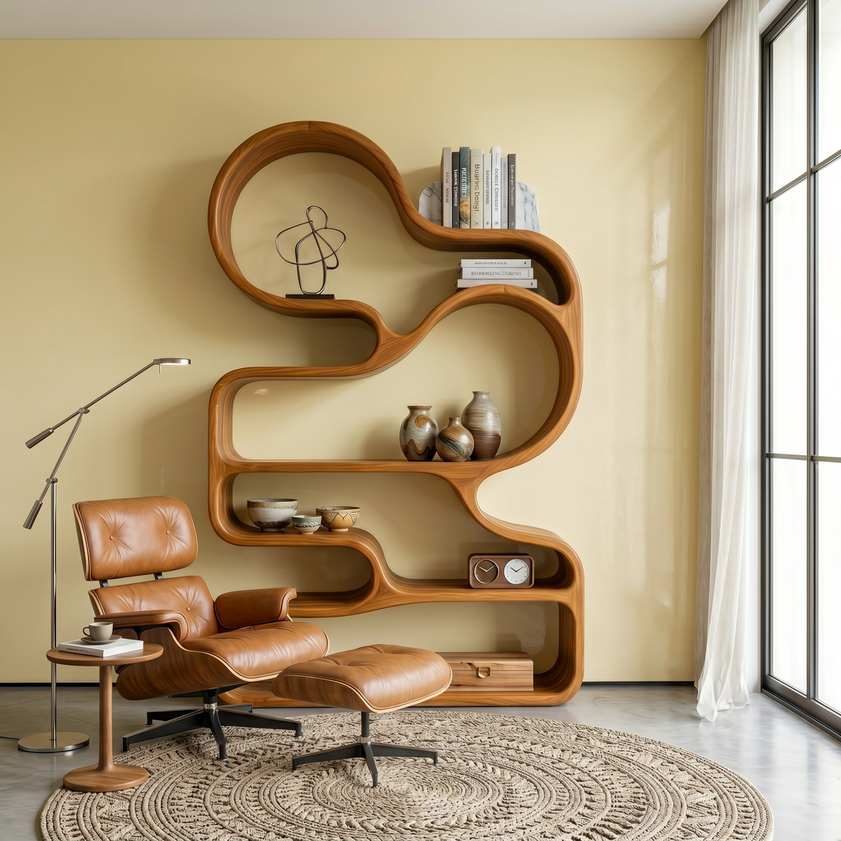Organic Solid Wood Bookshelf with Cloud-Shaped Open Shelves