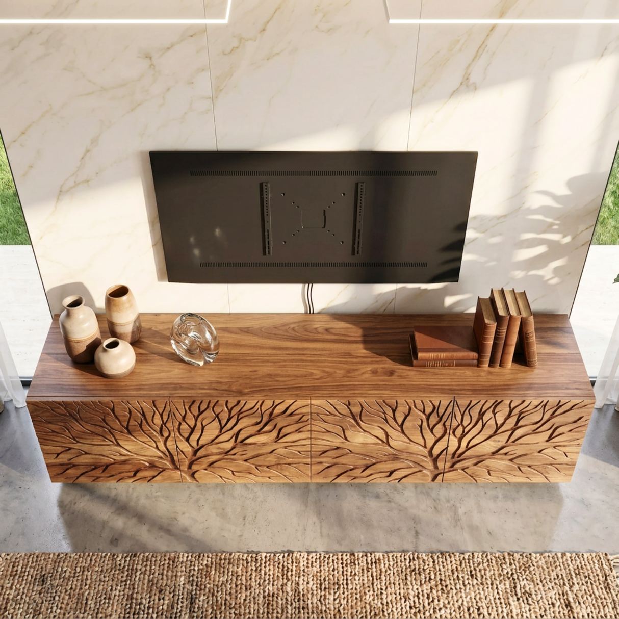 Solid Wood TV Console with Branch Carved Door Fronts