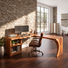 Organic L-Shaped Solid Wood Desk With Open Shelf For Home Office