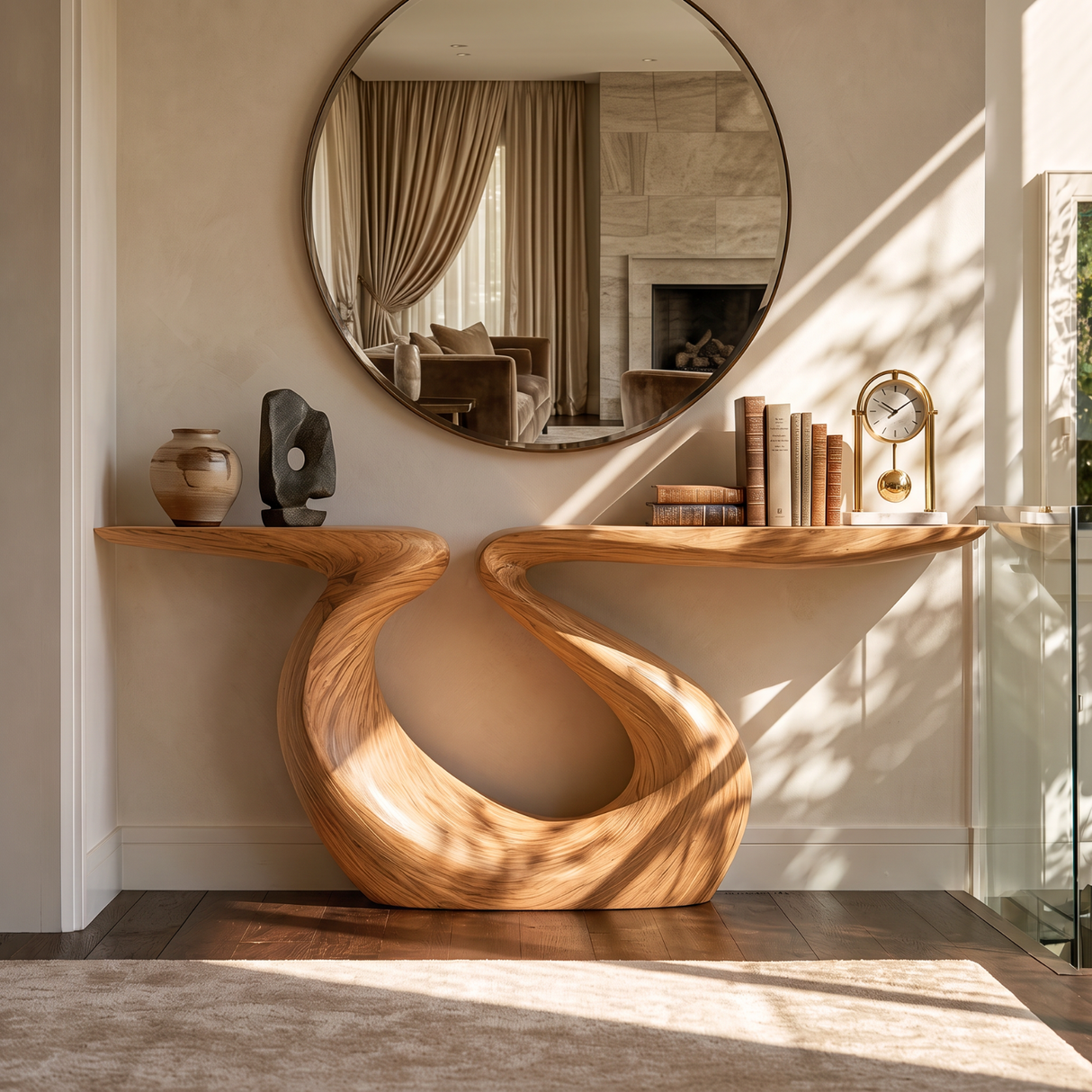 Console Table Solid Wood with Sculptural Split Top Loop Base for Entryway Decor