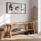 Handcrafted Solid Wood Shoe Bench with Organic Legs and Open Storage Shelf
