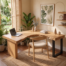 Live Edge Solid Wood L Shaped Desk with Wood Panel and Black Metal Leg