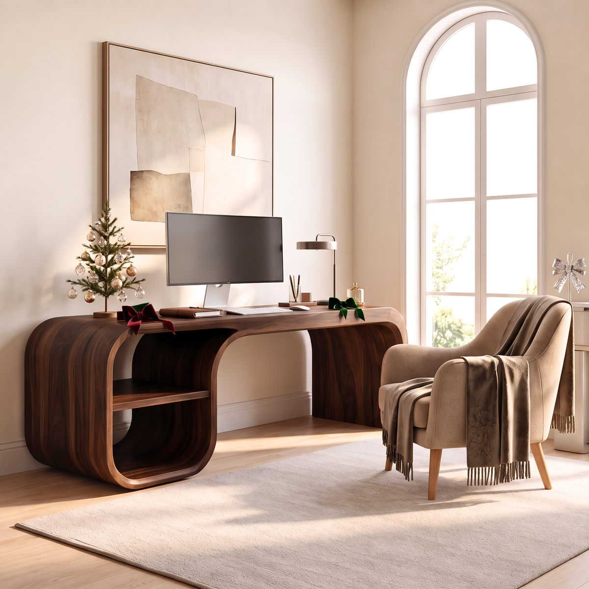 Sculptural Curved Solid Wood Desk With Open Shelf For Home Office