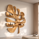 Solid Wood Tropical Leaf Wall Sculpture with Integrated Display Shelves for Living Room Decor