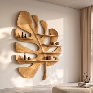 Solid Wood Tropical Leaf Wall Sculpture with Integrated Display Shelves for Living Room Decor